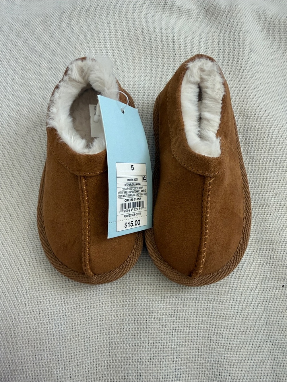 Cat & Jack Brown Faux-Suede Cozy Slippers with White Fur Lining